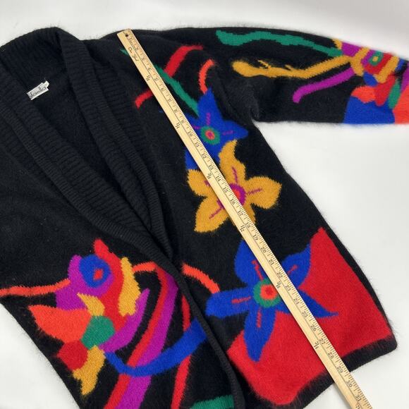 Vintage Rafaella Angora Cardigan Womens Size L Floral Graphic Black Vibrant 80s - Picture 9 of 10